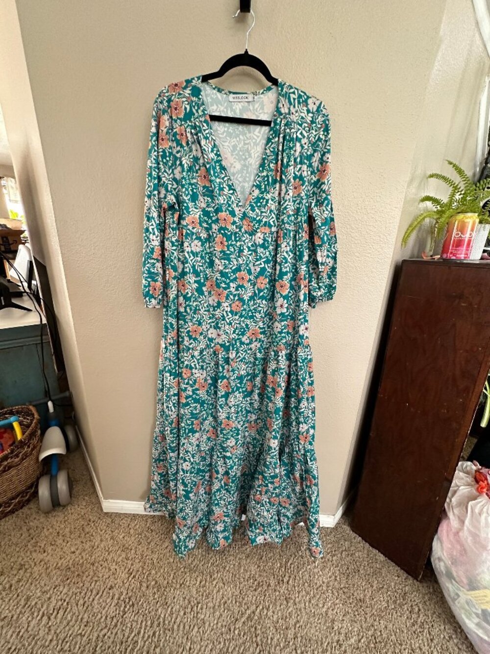 Misslook Womens Green Floral Maxi Dress XL V-Neckline 3/4 Sleeves cotton blend